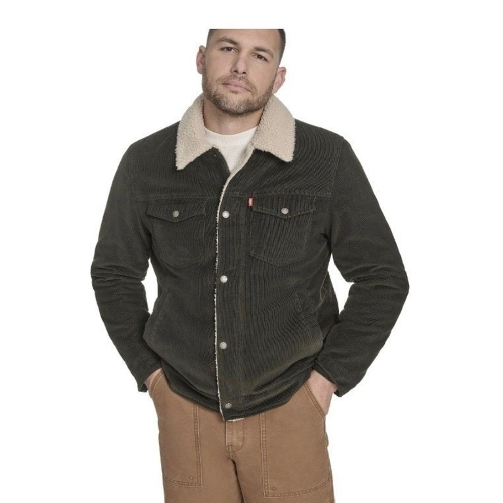 Levis Mens Corduroy Sherpa Lined Trucker Jacket Dark Olive LM5RC062 Size M NWT
